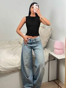 SHEIN EZwear Casual Solid Color Textured Front Button Tank Top