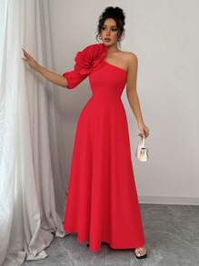 Rafferiza Women's Pink Asymmetrical Neck Dress With 3D Floral Detail, Asymmetric Sleeve Design, Fitted Waist, Maxi Length Loose - Red - View 5