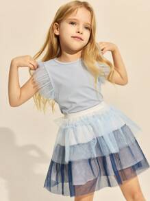 SHEIN Conjunto de 2 piezas de camiseta azul elegante y falda de malla para niñas, para primavera y verano