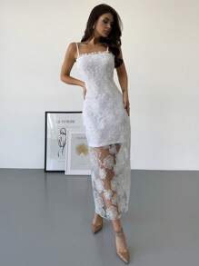 Firerie 女士优雅花卉纹理蕾丝中长连衣裙，修身无袖，适合婚礼嘉宾、派对、日常穿着、节日、春夏 - 白色 - 查看 6