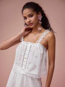 Enchnt Parte superior de tiras/camiseta sin mangas de mujer romántica de primavera/verano con encaje, parches y bordados, dulce y elegante para el Día de San Valentín, vacaciones, citas, uso diario y estilo bohemio - Blanco - Ver 5