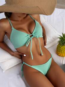 SHEIN Swim Vacation Beach Solid Color Wireless Top With Tie Side Thong Bikini Set For Summer - Mint Blue - View 1