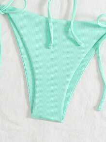 SHEIN Swim Vacation Beach Solid Color Wireless Top With Tie Side Thong Bikini Set For Summer - Mint Blue - View 5