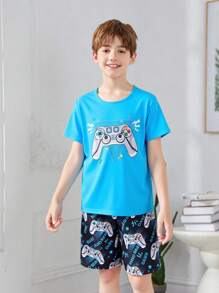 Conjunto de pijama de pantalón corto y top de gráfico de juego de video azul para niños, hecho de material de seda de leche cómodo y resistente a las llamas - Multicolor - Ver 4