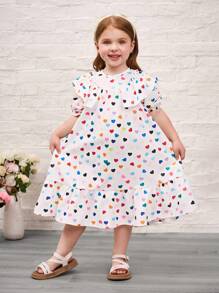 SHEIN 年轻女孩心形图案泡泡袖荷叶边腰休闲迷你连衣裙 - 白色 - 查看 8