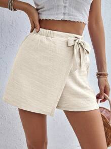 SHEIN Frenchy Shorts de verano cómodos con decoración de lazo, Bottom casual para mujer