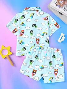 THE POWERPUFF GIRLS X SHEIN Young Girl Cloud Cartoon Print Kids Girl Flame Resistant Lapel Collar Open Front Short Sleeve Top And Shorts Lounge Set - Blue and White - View 2