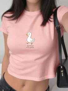 INAWLY Áo thun họa tiết ngỗng phong cách trường học dễ thương, Áo thun mùa hè bó sát in hình ngỗng Y2K gợi cảm, Áo crop top cổ tròn thường ngày cổ điển dành cho nữ Áo thun họa tiết dành cho nữ - Hồng - Xem 1