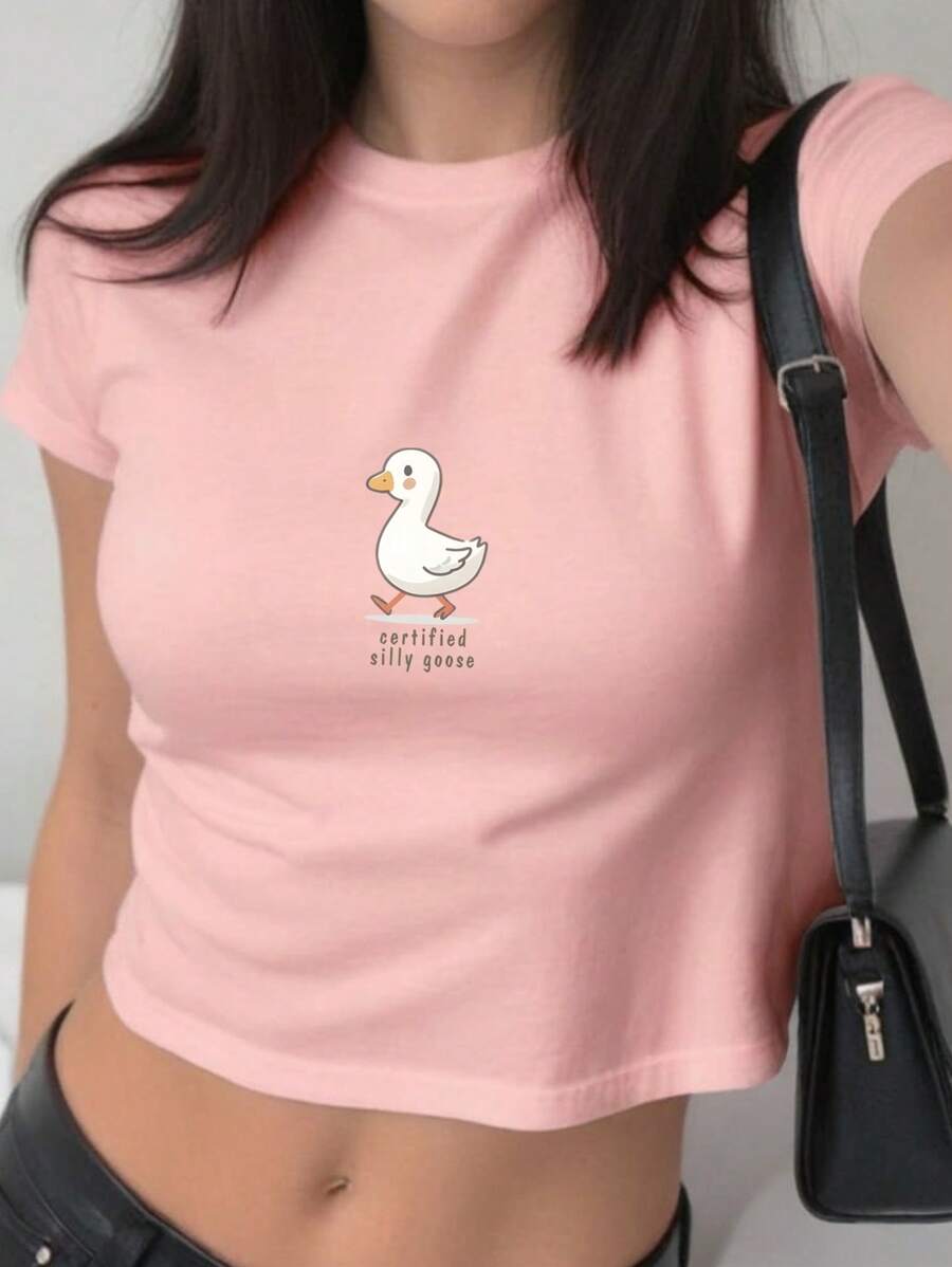 INAWLY Áo thun họa tiết ngỗng phong cách trường học dễ thương, Áo thun mùa hè bó sát in hình ngỗng Y2K gợi cảm, Áo crop top cổ tròn thường ngày cổ điển dành cho nữ Áo thun họa tiết dành cho nữ - Hồng - Xem 1