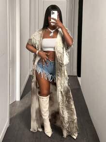 BamGleam Fringe Texture Exaggerated Fashion Coat - Khaki - View 3