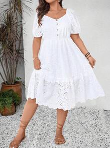 EMERY ROSE Plus Size Textured Embroidered Spring Dress, White Casual Dress - White - View 3