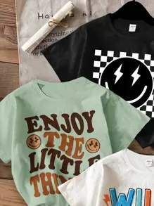 SHEIN Leap Crew 年轻男孩休闲简约圆领短袖T恤，适合夏季