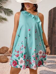 Breezaya Vestito corto da donna con linea A, con una spalla asimmetrica e fantasie floreali, orlo con volant, elegante e snellente, adatto per outfit estivi, San Patrizio, festival, vacanze di primavera, stile boho