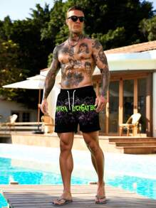 Manfinity Swimmode 男士字母印花抽绳腰沙滩短裤男士短裤图案男士短裤图案男士短裤男士图案短裤男士短裤街头哥特式图案男士泳裤 - 黑色 - 查看 3