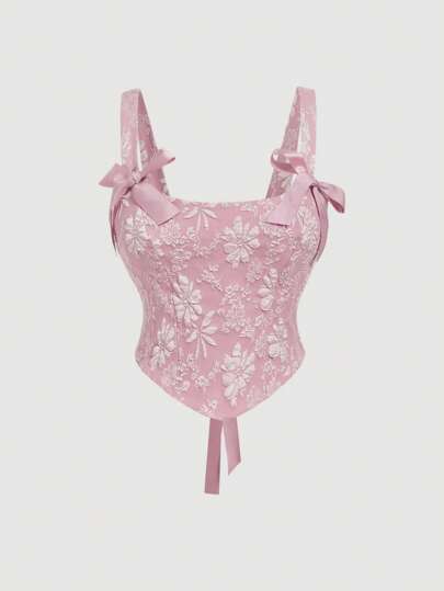 SHEIN MOD Plus Size Women Floral Jacquard Pink Camisole Tank Top,Valentine Day