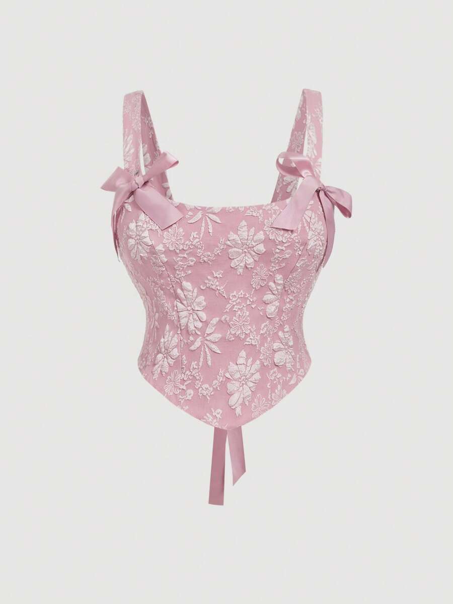 SHEIN MOD Plus Size Women Floral Jacquard Pink Camisole Tank Top,Valentine Day