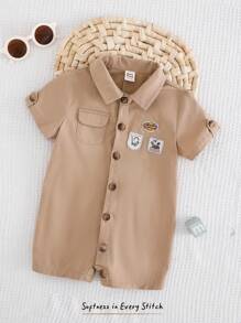 Cozy Pixies Pelele de manga corta con solapa bordada para bebé niño - Camel - Ver 1