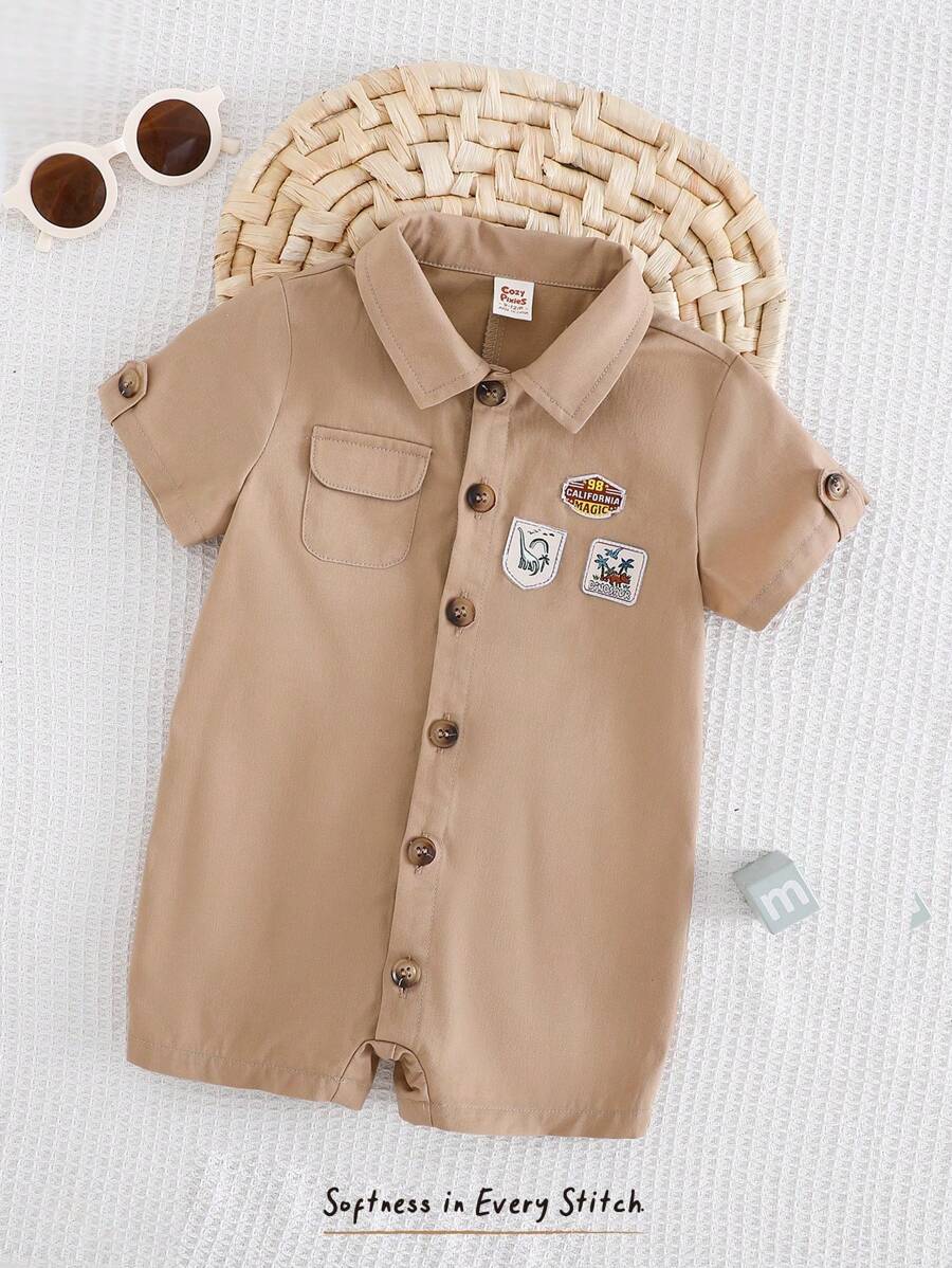 Cozy Pixies Pelele de manga corta con solapa bordada para bebé niño - Camel - Ver 1