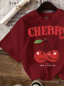 Attitoon Casual Minimalist Cherry Print Plus Size Women Form Fitting T-Shirt, Summer Suitable For Going Out - Red - View 3