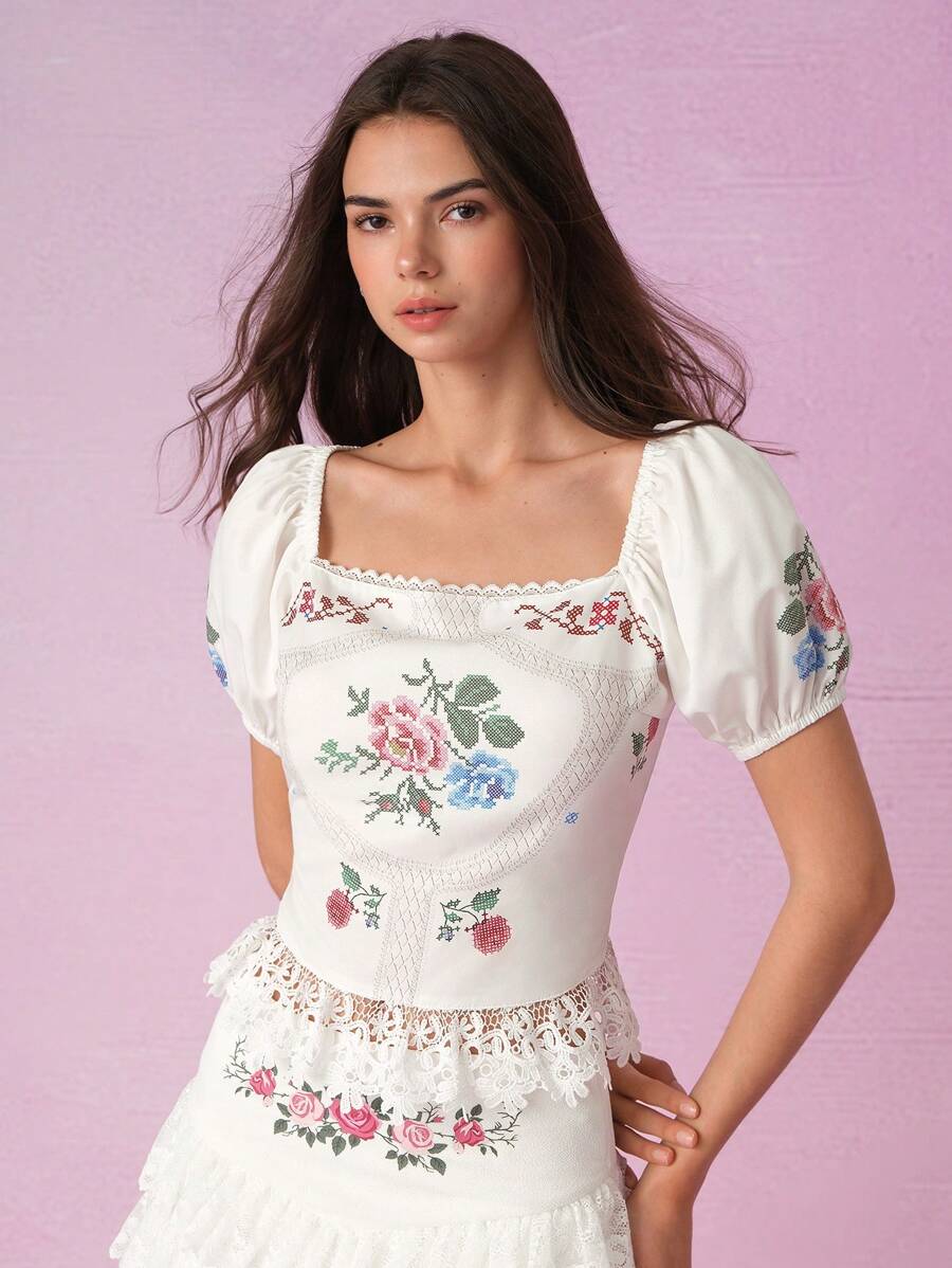 SHEIN MOD 女士简约印花方领短款泡泡袖度假时尚衬衫、波西米亚衬衫、乡村衬衫、早午餐、夏季衬衫、女士海滩