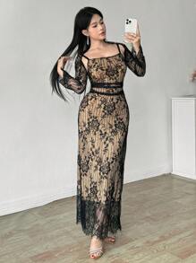 Modelyn Women Floral Lace Camisole Top And Spaghetti Strap Dress Elegant 2 Pieces Set - Black - View 7