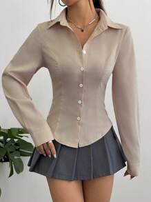 Flirla 女士纯色长袖单排扣休闲修身衬衫 - 卡其色 - 查看 4