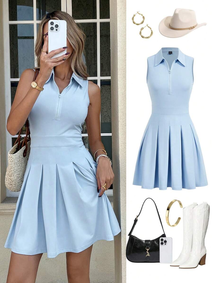 SHEIN LUNE Women's Casual Pleated Sleeveless Mini Dress, Slim Fit, Basic Outfit For Spring And Summer Summer Dresses For Women Graduation Dress Vacation Dress Sleeveless Dress Dresses For Women Beach Outfits For Woman - Blue - View 1
