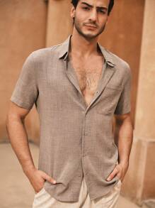 Manfinity VCAY Men's Slim Fit Turndown Collar Short Sleeve Casual Woven Shirt, Summer