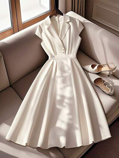 SHEIN Clasi 女士优雅纯色翻领收腰连衣裙