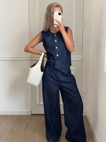 Livesso 女士休闲单排扣条纹牛仔背心和宽松阔腿裤套装 - 深色水洗藍 - 查看 2