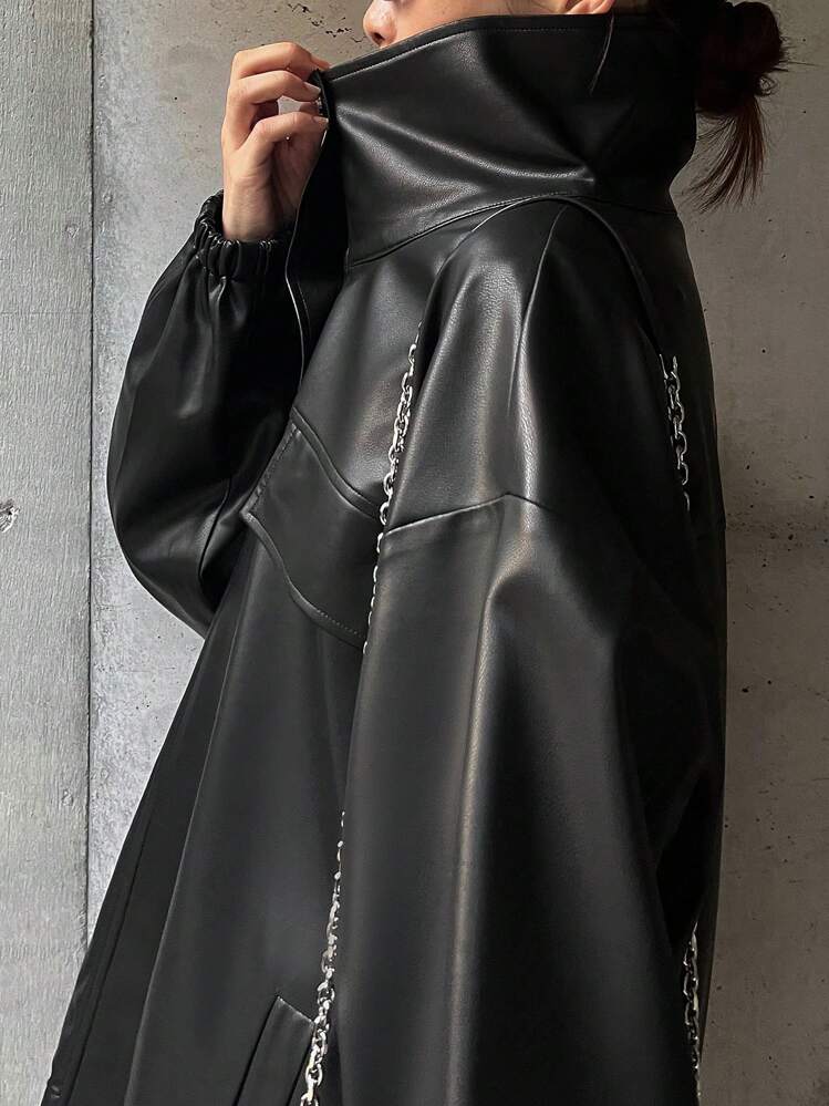 FRIFUL معطف نسائي بأكمام طويلة وياقة مستديرة من الجلد الصناعي بلون أحادي، فضفاض وكاجوال، معطف نسائي للخريف - الأسود - مشاهدة 4