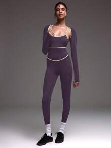 Musera Sport Contrast Seam Long Sleeve Bolero Sports Top, Padel, Tennis, Pickleball Gym Fitness - Purple - View 4