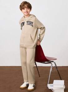 SHEIN Leap Crew Tween Boy Letter Graphic Zip Up Thermal Lined Hoodie & Sweatpants Without Tee - Apricot - View 5