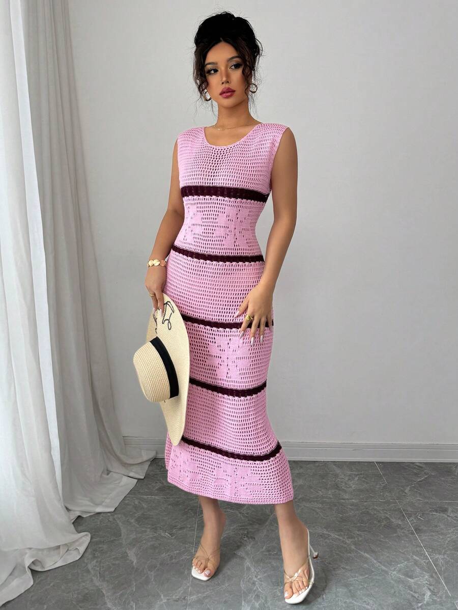 Chiquease Váy len không tay màu khối cho kỳ nghỉ giản dị - Hồng - Xem 1