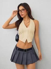 SHEIN PETITE Ladies Solid Color Sleeveless Backless Neck-Hanging Summer Top