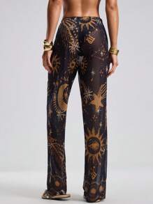 SHEIN Swim Women Moon & Star Print Long Pants & Coverall - Black - View 3