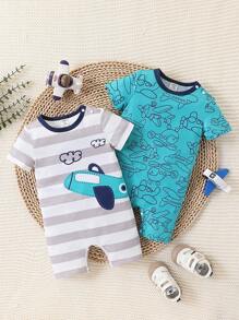SHEIN 2pcs Set Toddler Boys Casual Cute Cartoon Airplane Vehicle Print Short Sleeve Romper, Suitable For Spring/Summer Outdoor & Daily Wear