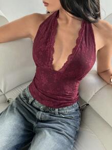 Aloruh 女士优雅简约时尚休闲街头通勤蕾丝纯色吊带背心性感火辣音乐节演唱会工作简约时尚吊带背心适合夏季、复活节、度假、伊比沙岛、乡村、办公室、毕业典礼、返校季、夏季上衣 - 酒紅色 - 查看 4