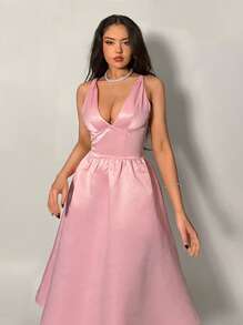 SHEIN Privé 女士浪漫粉色深 V 领腰无袖中长连衣裙、A 字裙、女士粉色连衣裙、情人节连衣裙、夏装、女士派对连衣裙、毕业礼服、性感连衣裙、通勤、优雅、性感、度假、海滩、夏威夷、浪漫、约会、音乐会、表演服装、婚礼季、返校季、情人节、音乐节