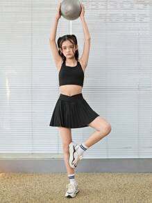 SHEIN Tween 女童休闲针织纯色吊带背心和短裙短裤运动套装