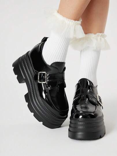 Goth Women's Black High Heel Closed Toe Waterproof Platform Thick Heel Lace-Up College Style Japanese JK Shoes Maryjane Oxfords Wedge & Thick Bottom Flats