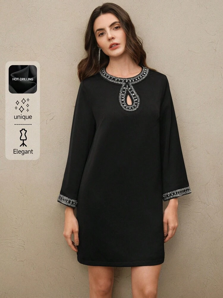 Women's Luxury Chic Rhinestone Embellished Mini Dress With 3/4 Sleeves, Loose Woven Short Dress, Spring Outfits