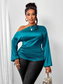 SOLERSUN Women's Solid Color Asymmetric Collar Lantern Sleeve Elegant Side Drawstring Shirt, Spring & Summer One Shoulder Top - Teal Blue - View 7