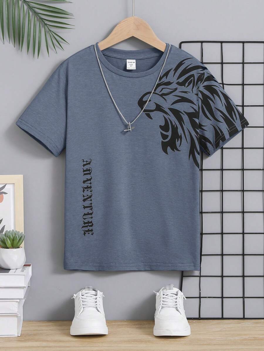 SHEIN Tween Boy Lion & Letter Graphic Tee Without Necklace