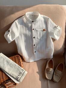 SHEIN LMoss Kids LMoss Young Boy Casual Basic Collared Shirt With Pockets, Comfortable And Breathable - White - View 4