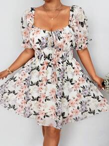 Flirla Spring Floral Print Chiffon Binding Bust Cinched Waist Flowy Puff Sleeve Dress For Women