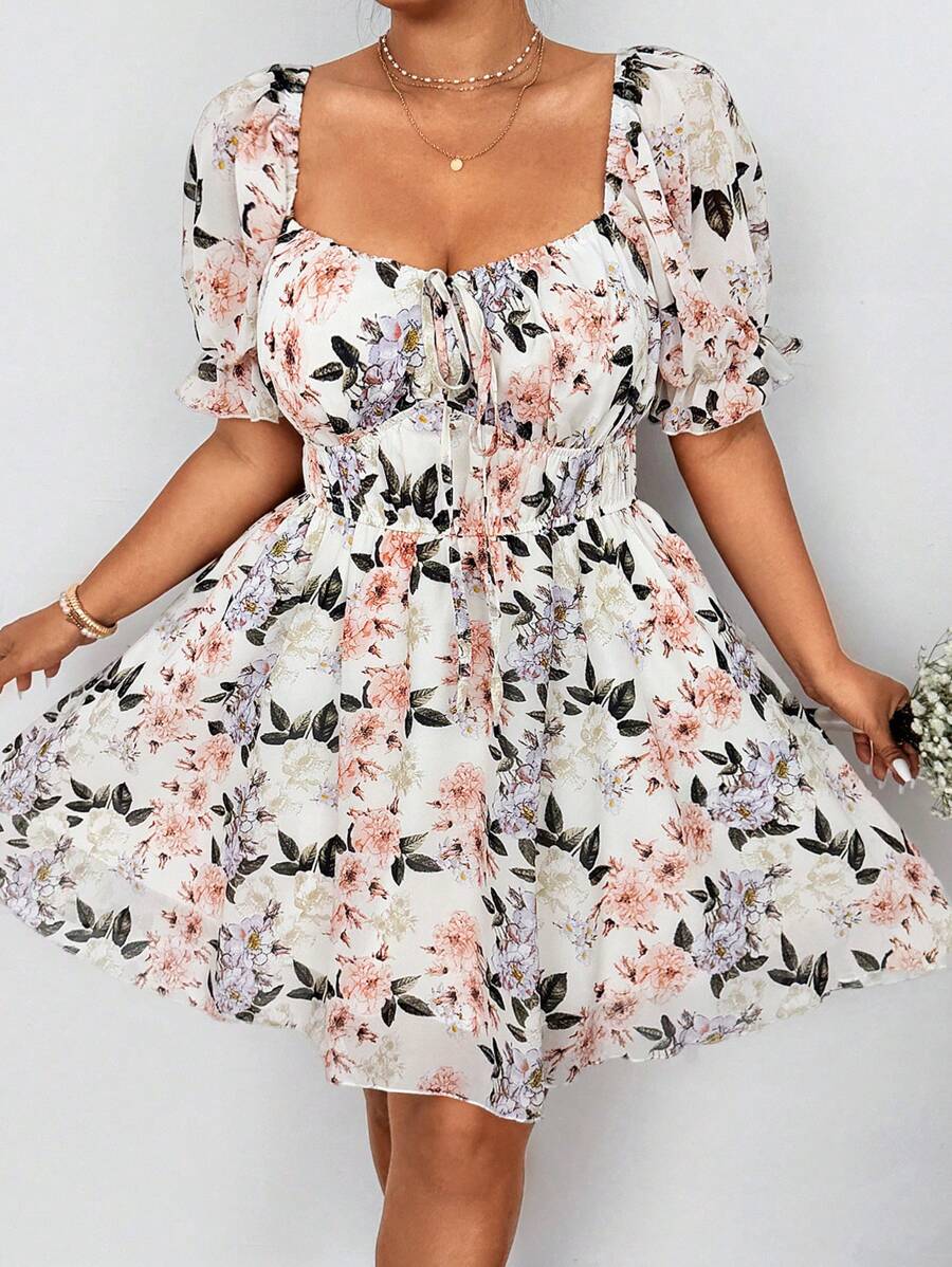 Flirla Spring Floral Print Chiffon Binding Bust Cinched Waist Flowy Puff Sleeve Dress For Women
