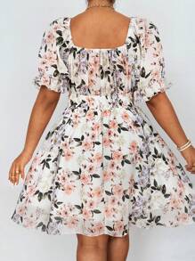 Flirla Spring Floral Print Chiffon Binding Bust Cinched Waist Flowy Puff Sleeve Dress For Women