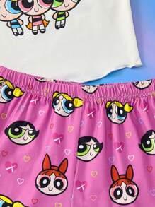THE POWERPUFF GIRLS X SHEIN Tween Girl 可爱卡通图案白色休闲百搭吊带背心和玫瑰粉色短裤舒适睡衣套装 - 粉色 - 查看 5