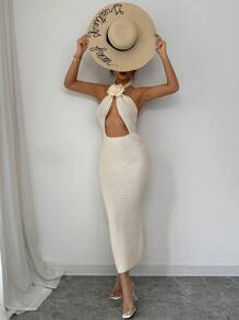 Calvaya Robe tricotée élégante et sexy avec décoration florale 3D, dos nu, encolure en V